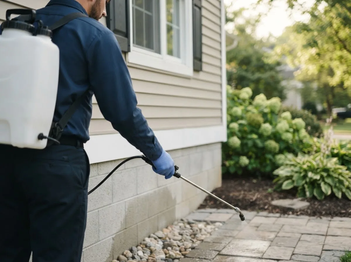 Pest control technician inspecting a home in Beeson, WV